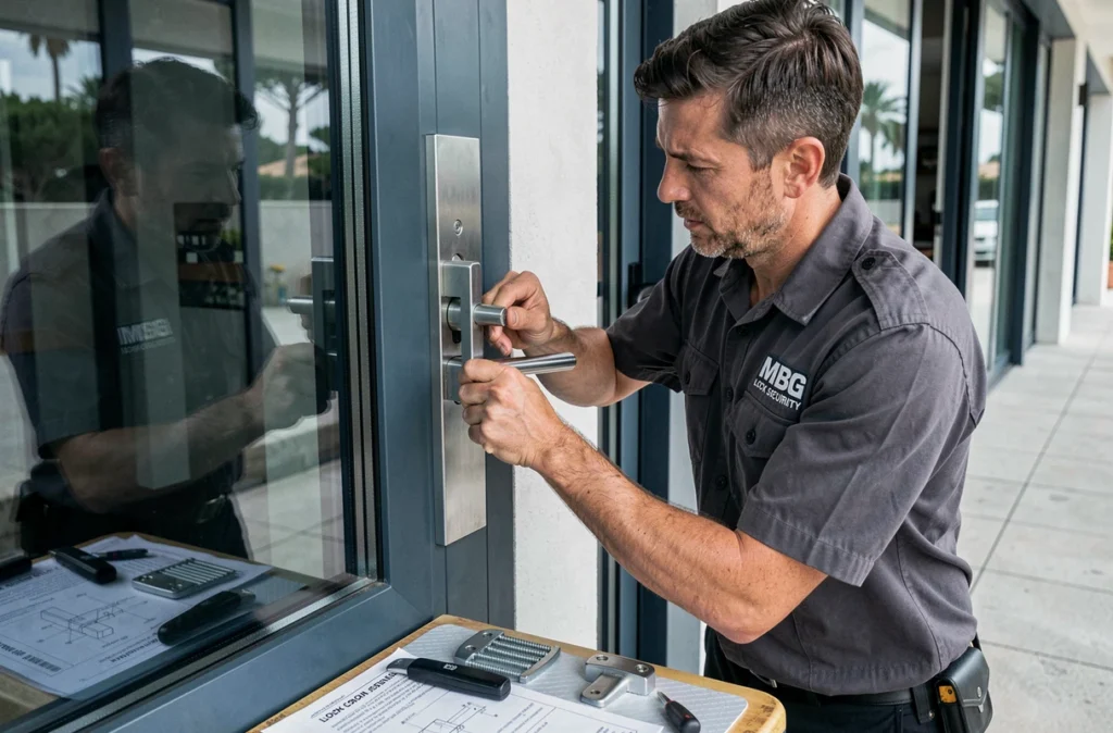 Technicien MGB Lock Security installant un système de verrouillage multipoint renforcé sur une fenêtre sécurisée d'un bâtiment commercial moderne sur la Côte d'Azur