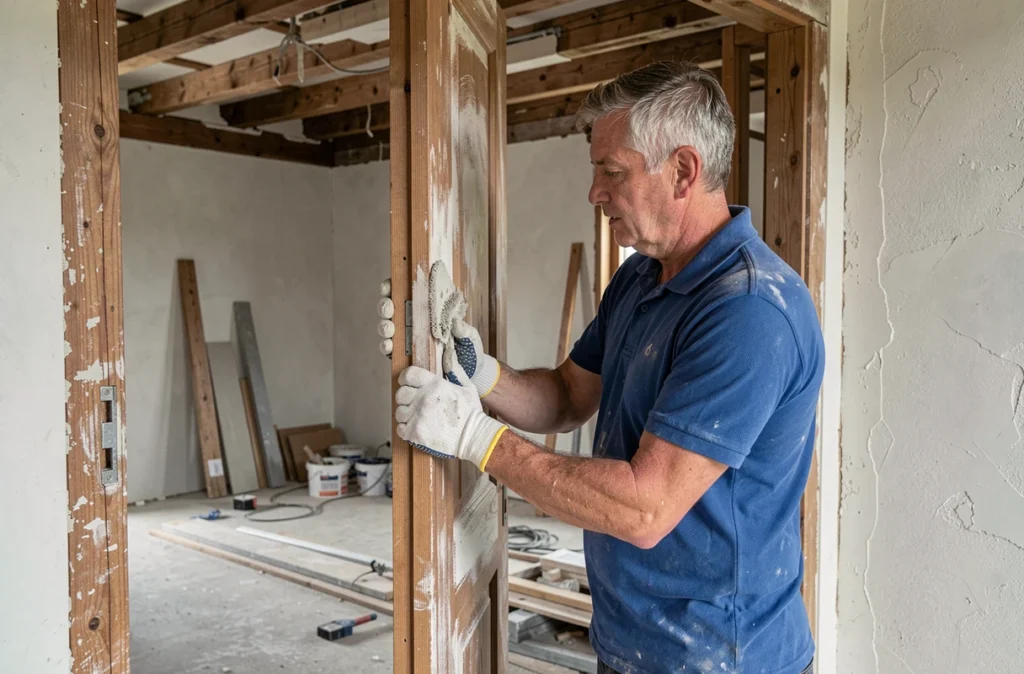 Artisan plâtrier-menuisier polyvalent travaillant sur un encadrement de porte en bois dans une maison en rénovation