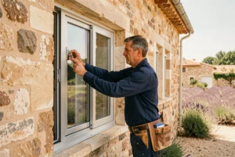 Poseur de fenêtres professionnel installant une fenêtre double vitrage sur une maison provençale en pierre avec des champs de lavande en arrière-plan