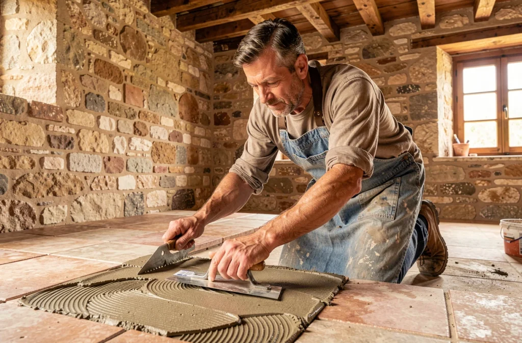 Carreleur de la SARL Pauvert Simon L&S Carrelage appliquant du mortier-colle dans un intérieur de style languedocien
