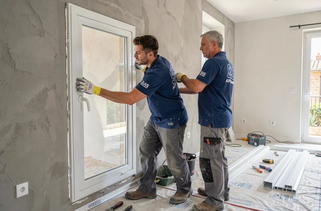 Techniciens de SAS ADP Menuiserie installant un cadre de fenêtre en PVC blanc dans un appartement provençal moderne