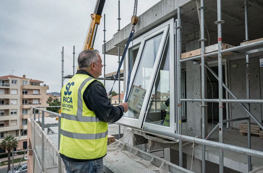 Professionnel SC PACA Souchon Construction supervisant l'installation d'une grande fenêtre à double vitrage thermique sur un bâtiment résidentiel en construction