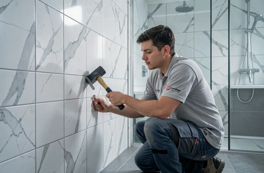 Spécialiste de SP Carrelage posant des carreaux effet marbre dans une salle de bain moderne et épurée
