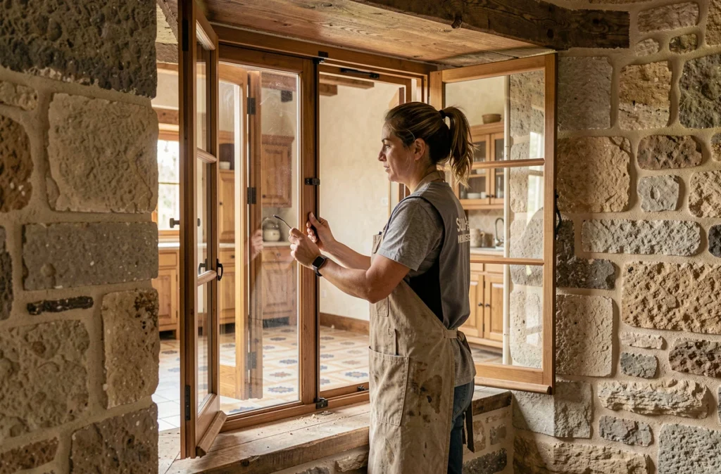 Spécialiste féminine de Sud-Est Menuiserie posant une baie vitrée en bois dans la pierre d'une ferme provençale rénovée
