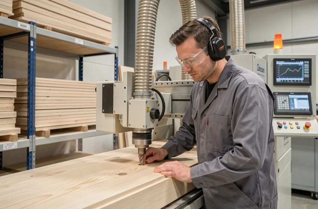 Technicien opérant une machine à commande numérique pour l'usinage de précision du bois en atelier industriel