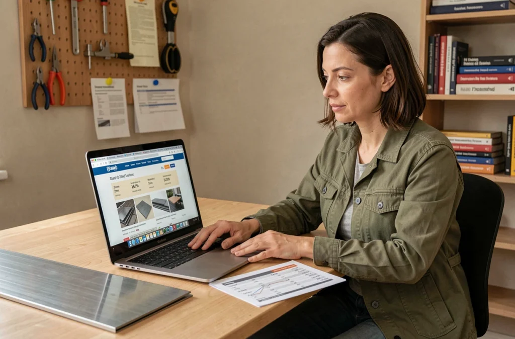 Femme comparant les prix de tôle acier 2mm en ligne et en magasin Brico Dépôt depuis un bureau à domicile