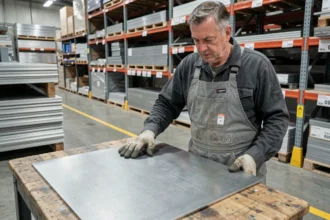 Ouvrier examinant une tôle acier 2mm dans un magasin de bricolage type Brico Dépôt, comparaison de prix et qualité